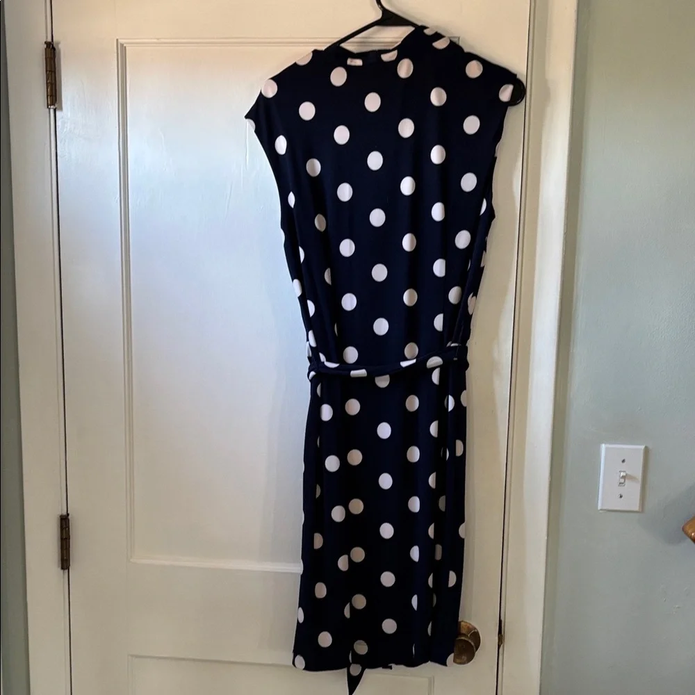 Eliza J Navy and White Polka Dot Midi Wrap Dress - Picture 3 of 5